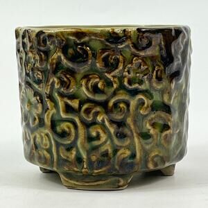 Vintage Green Glazed Ceramic Footed Planter Raised Floral Swirl Pattern 1980s